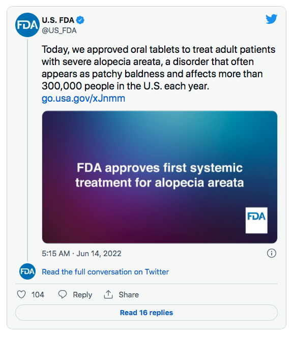 FDA approves first systemic treatment for Alopecia Areata