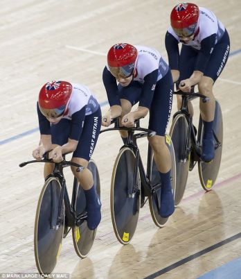 The GB track cycling trio in action as they broke the world record for the second time in two hours in the women's team pursuit